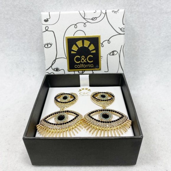 C&C california Gold Rhinestone Heart Eye Earrings NWT - Picture 6 of 7